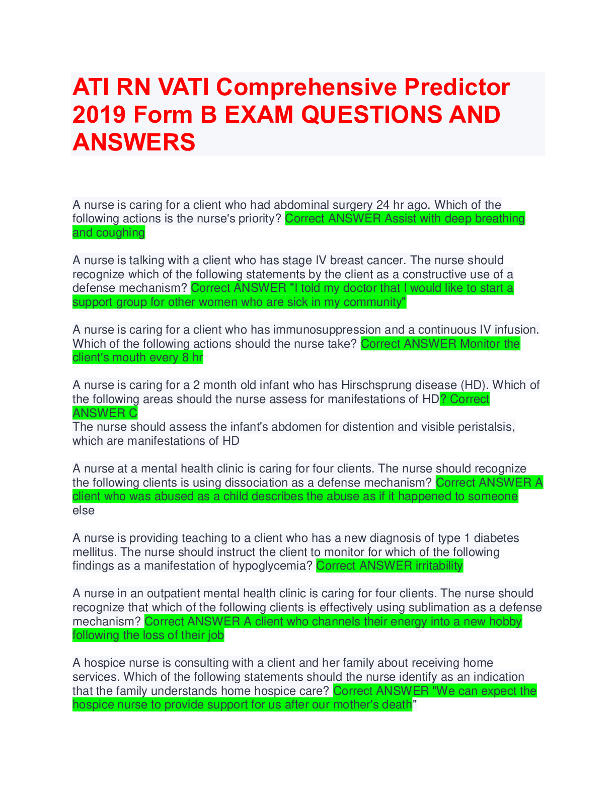 Preview image for ATI RN VATI Comprehensive Predictor 2019 Form B EXAM QUESTIONS AND ANSWERS